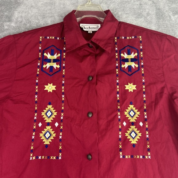 Bechamel Blouse M Red Native American Embroidery Metal‎ Indian Head Buttons VTG - Picture 2 of 13